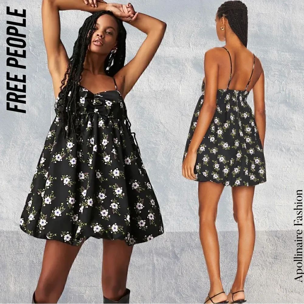 FREE PEOPLE IN A BUBBLE MINI DRESS FLORAL BLACK MOTIF NWOT MEDIUM
